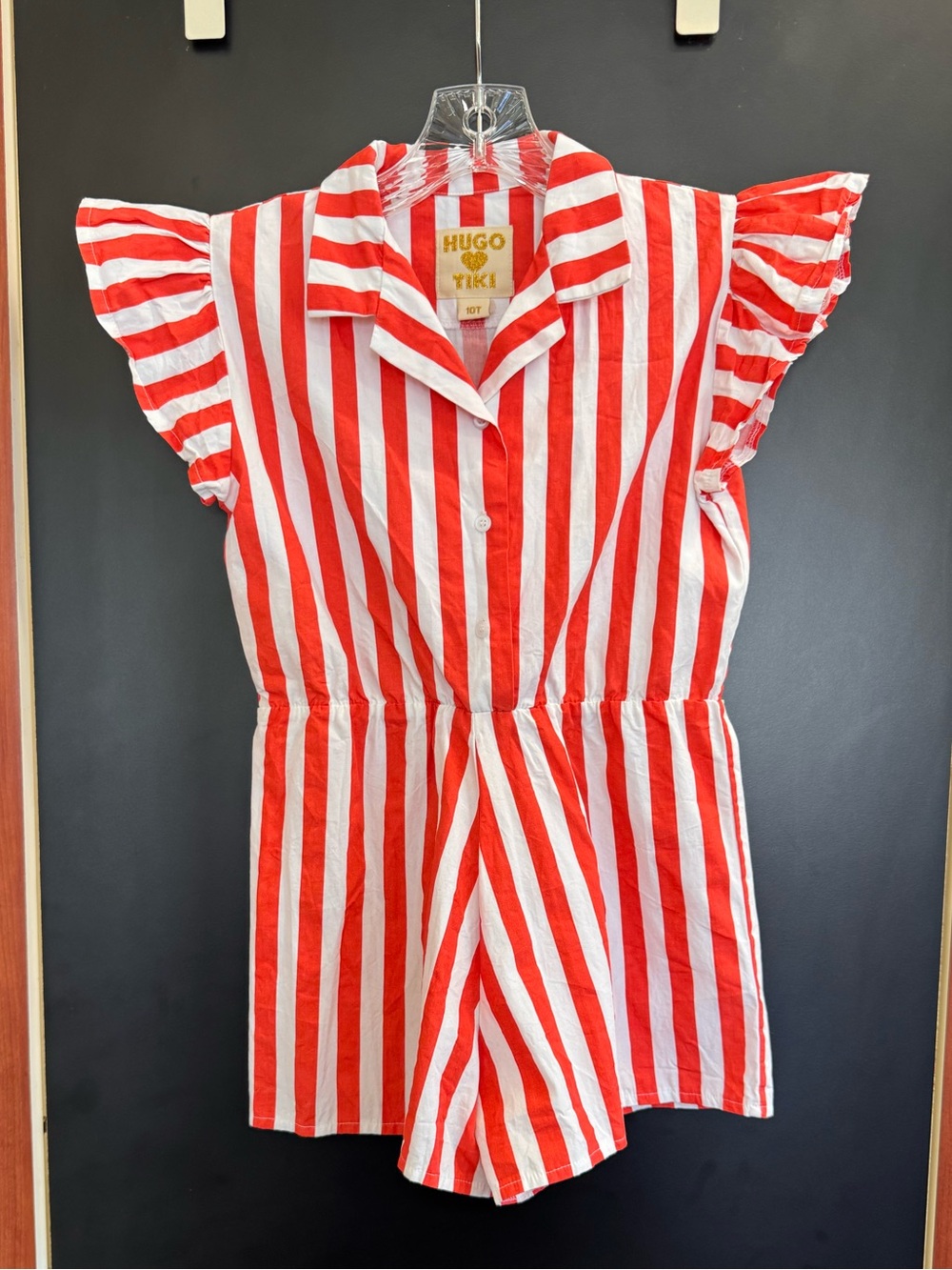 Hugo Tiki Romper Shorts kids Size 10 Red Orange Striped Ruffles Organic Cotton